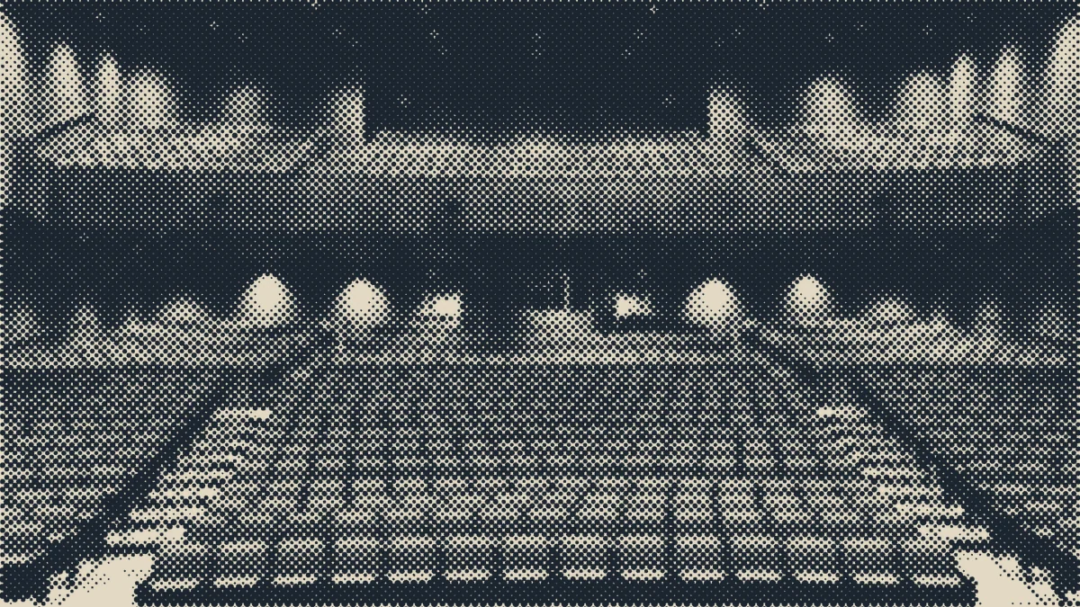 An empty auditorium seen from the stage.