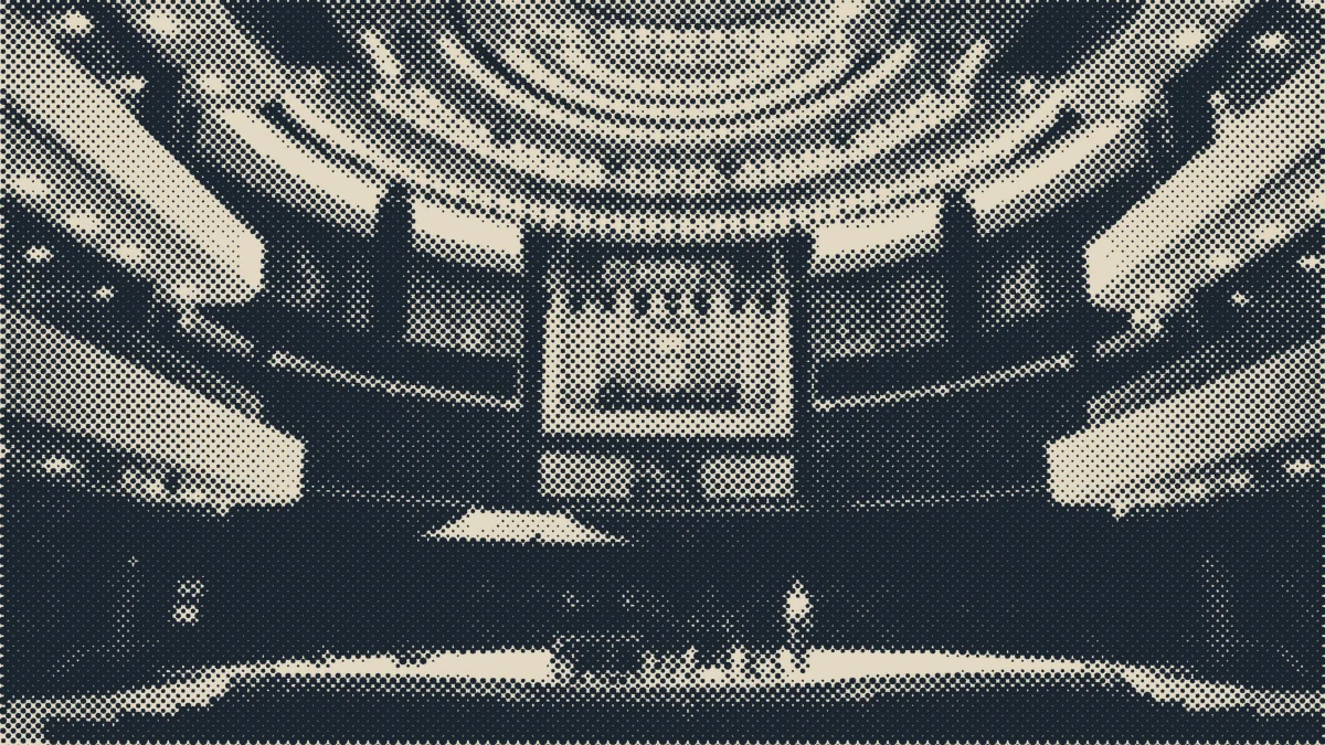 A concert hall lit for a festival.